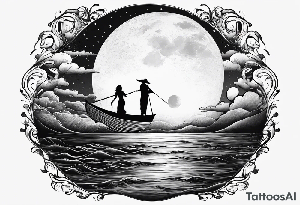 Silouhette of two people on water with moon tattoo idea