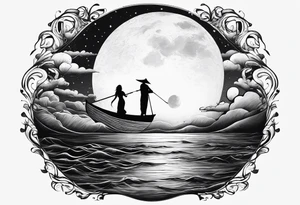 Silouhette of two people on water with moon tattoo idea