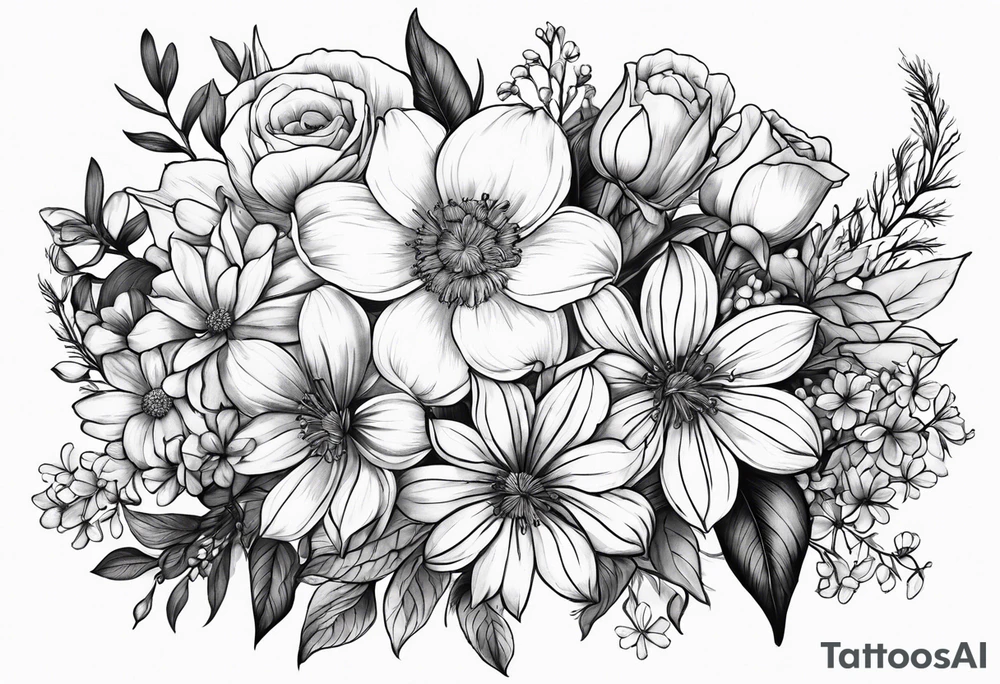 Birth flower bouquet with month’s January, May, November and December tattoo idea