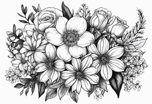 Birth flower bouquet with month’s January, May, November and December tattoo idea