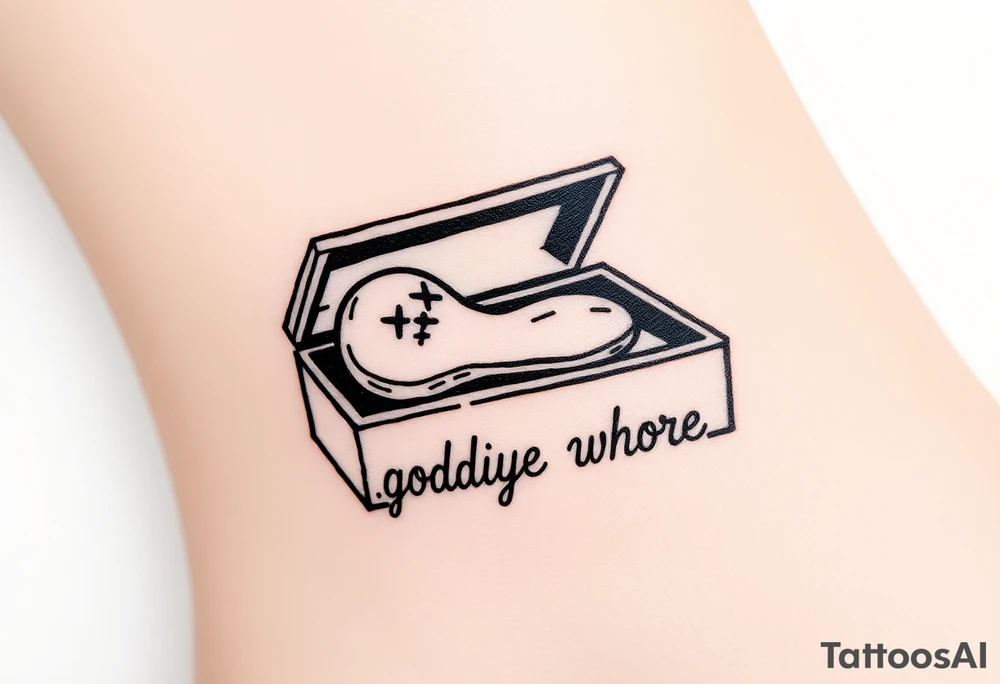 A peanut with x's for eyes laying in an open casket with the words goodbye whore tattoo idea
