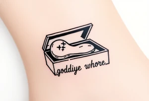 A peanut with x's for eyes laying in an open casket with the words goodbye whore tattoo idea