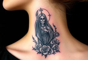 Powerful and evil Santa muerte rising from the flames and ashes of hell, surrounded by unclaimed souls and roses tattoo idea