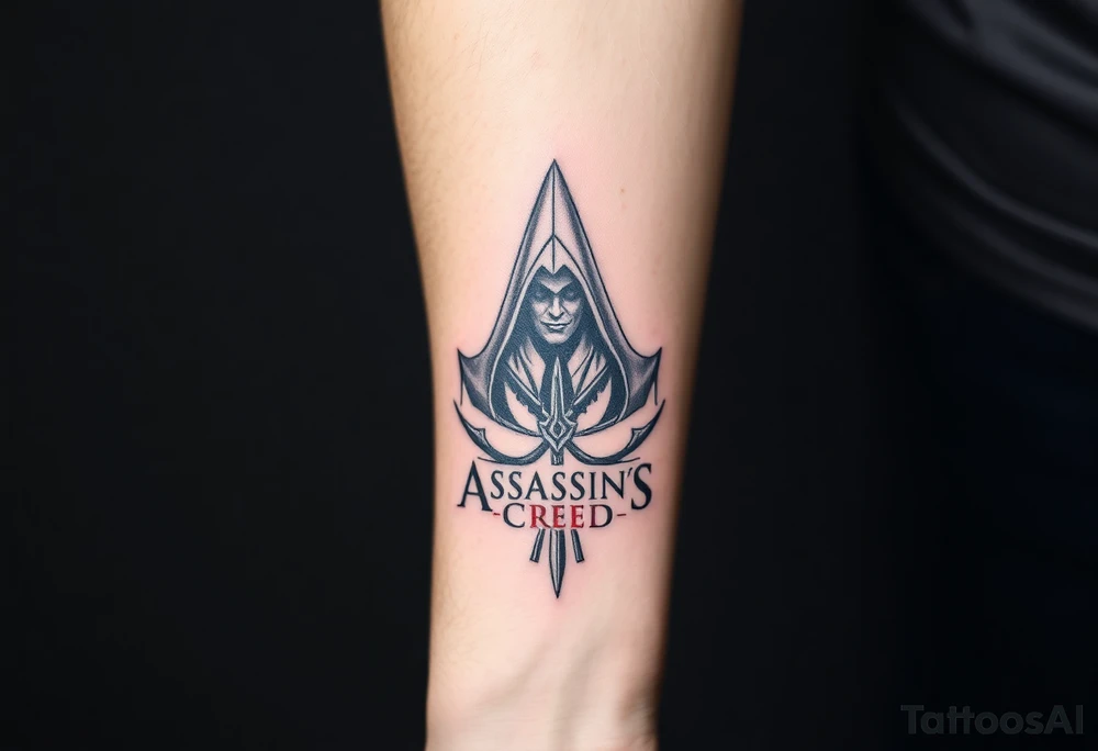 Assassins Creed emblem with Ezio hooded character with blood splashes and weapons as the bottom logo tattoo idea