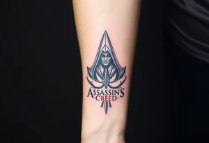 Assassins Creed emblem with Ezio hooded character with blood splashes and weapons as the bottom logo tattoo idea