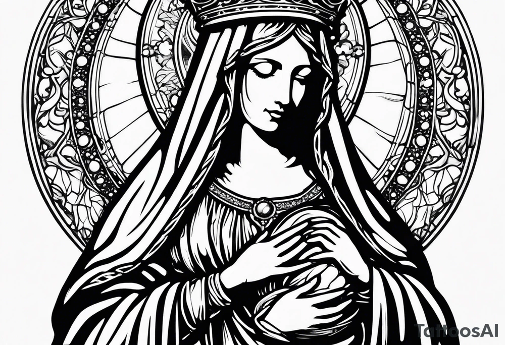 Blessed virgin mary holding jesus with crown her immaculate heart and a rosary tattoo idea