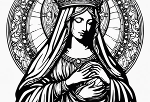 Blessed virgin mary holding jesus with crown her immaculate heart and a rosary tattoo idea