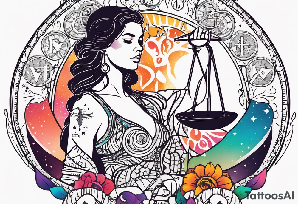 Libra woman holding scales with a night zodiac background including a half moon that encircles half of the woman with vibrant colors tattoo idea