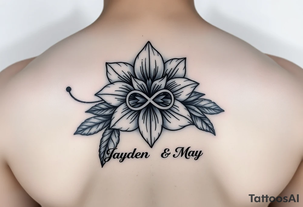 January December birth Flower with infinity sign and the names Jayden and Maya tattoo idea