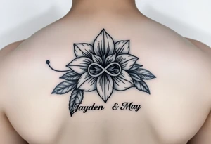 January December birth Flower with infinity sign and the names Jayden and Maya tattoo idea