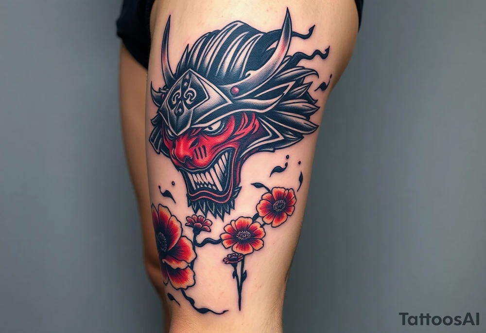 Big Rouge ronin to cover the entire thigh with smoke coming out of its mouth with 11b tattooed under its left eye with 1 poppy on each side of the ronin tattoo idea