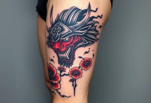 Big Rouge ronin to cover the entire thigh with smoke coming out of its mouth with 11b tattooed under its left eye with 1 poppy on each side of the ronin tattoo idea