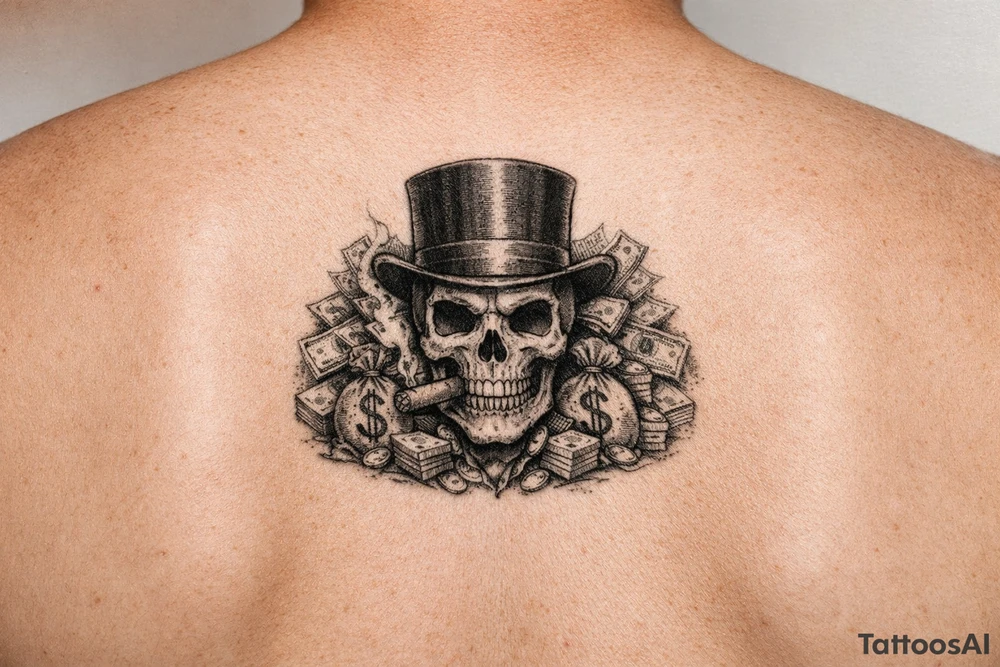 skull with cigar in mouth,top-hat,surrounded by money. tattoo idea