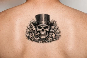 skull with cigar in mouth,top-hat,surrounded by money. tattoo idea