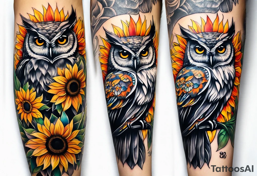 Leg sleeve with colorful sunflowers and an owl tattoo idea