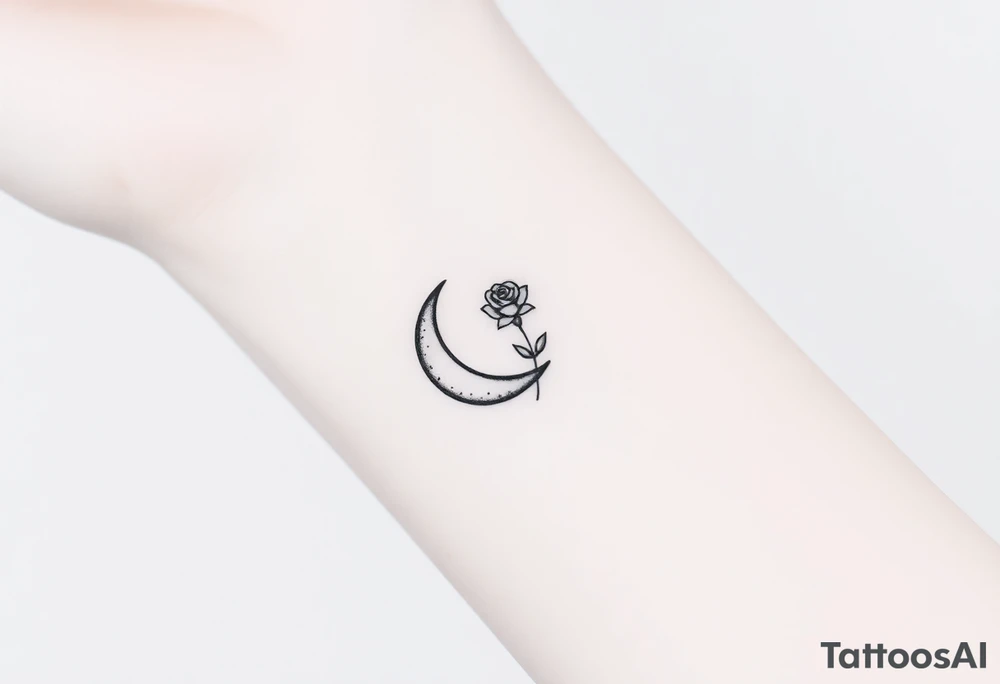 Small black and white tattoo waning crescent moon with small rose birth flower AND tiny Gemini gliph tattoo idea