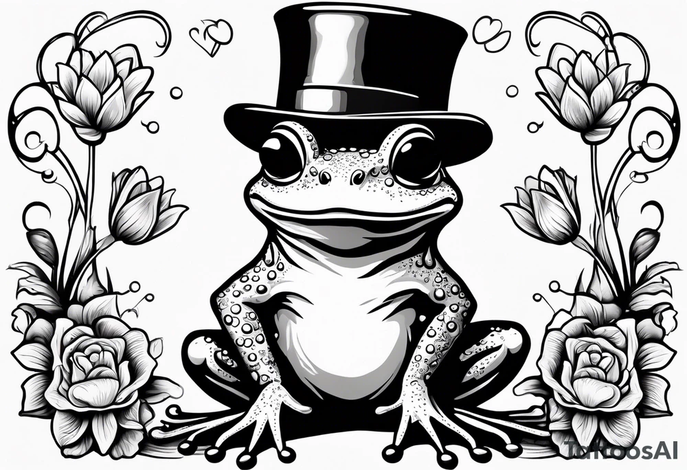 Cute Frog standing on back legs  in a top hat holding flowers to go on a date tattoo idea