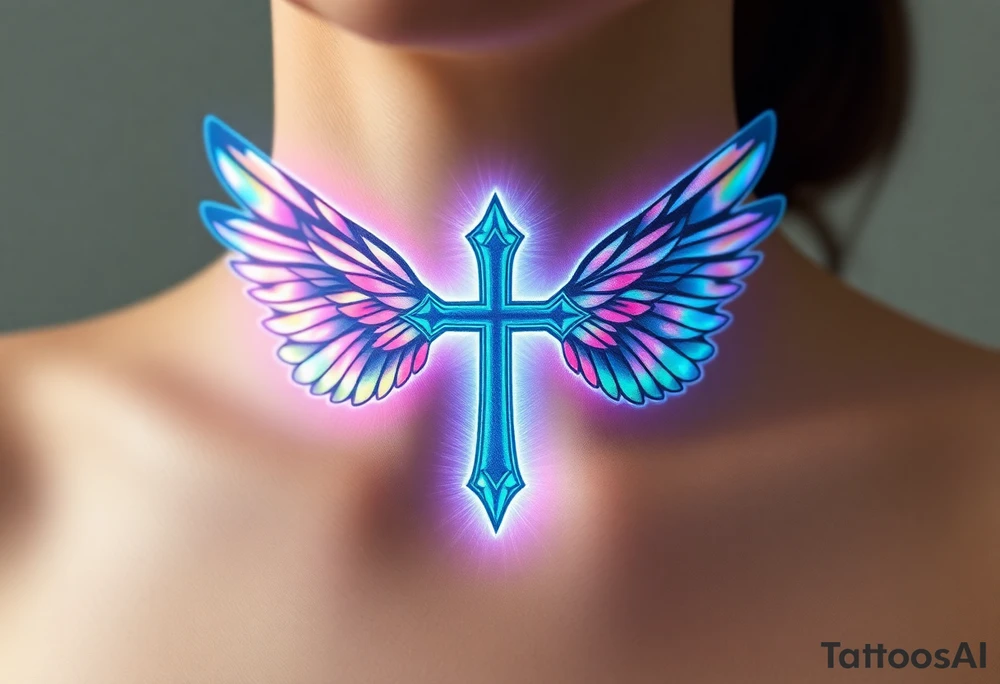 A floating cross inside a luminous halo, with iridescent wings that change colors in light tattoo idea