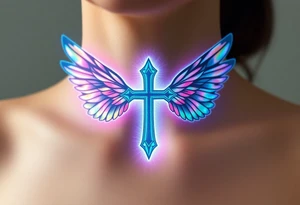 A floating cross inside a luminous halo, with iridescent wings that change colors in light tattoo idea