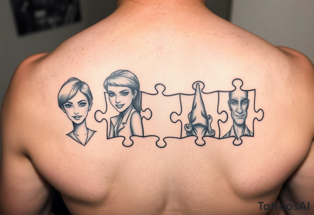 Individual Puzzle pieces of a blended family of Emily Ray Garrison Ayden Abby Gray tattoo idea