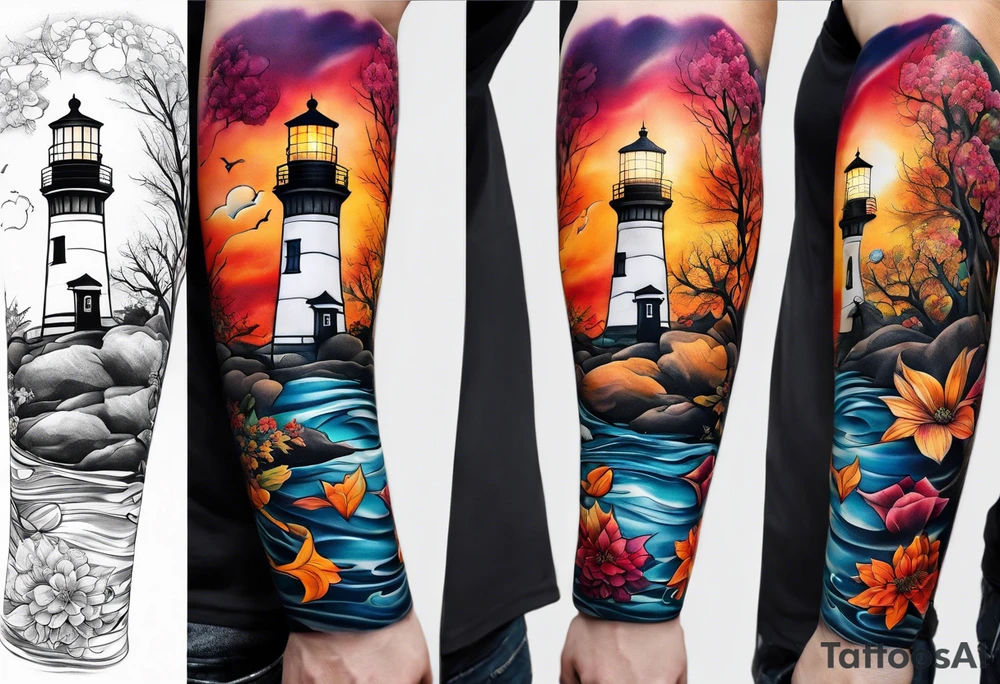 Arm sleeve with fall colors, various flowers, water flow, water splash, light house tattoo idea