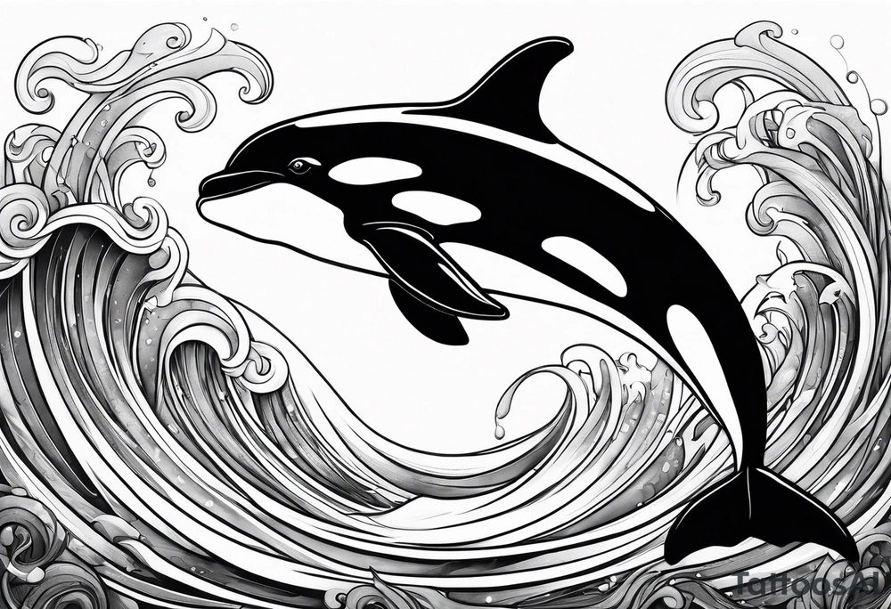 transient orca, flowing body, wrapped in kelp, smooth tattoo idea