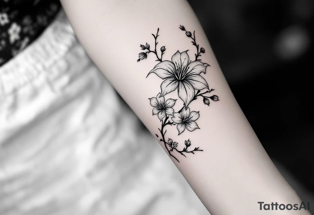 the flower spider lily from demon slayer and add cherry blossoms wrapped around upper arm tattoo idea