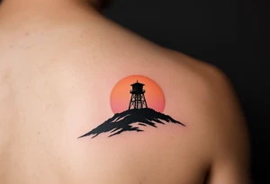 Watchtower Silhouette – Black minimalist structure on a hill, with subtle orange-pink sunrise behind. Symbol of vigilance, protection, and calm after darkness. tattoo idea