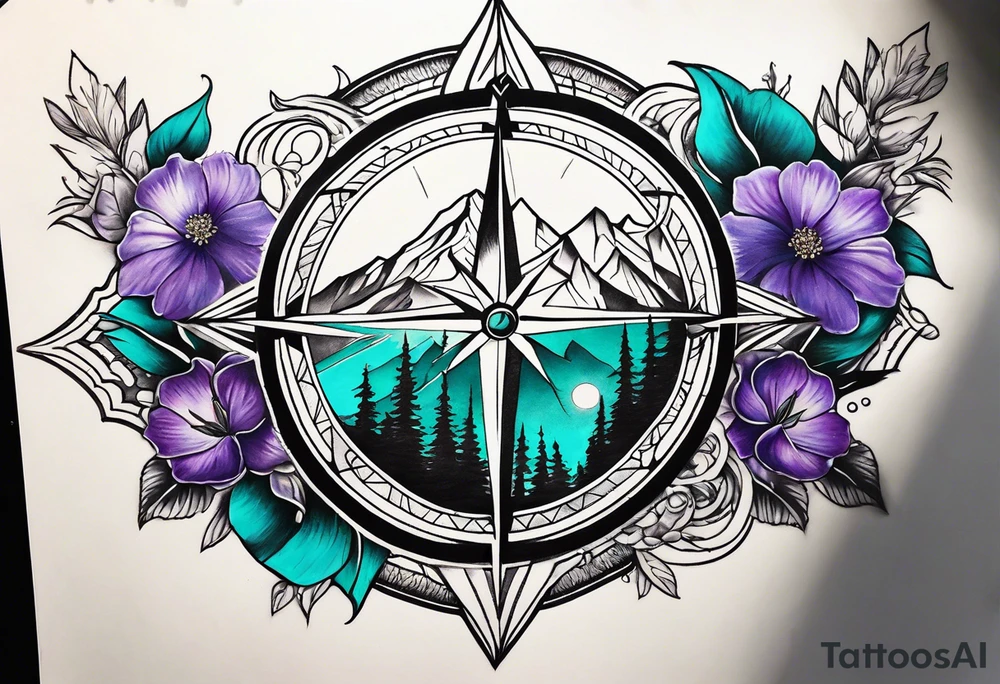 Compass rose rising like a sunrise behind a mountain. In front of the mountain, there are teal and purple flowers. Tattoo is half sleeve on the shoulder tattoo idea