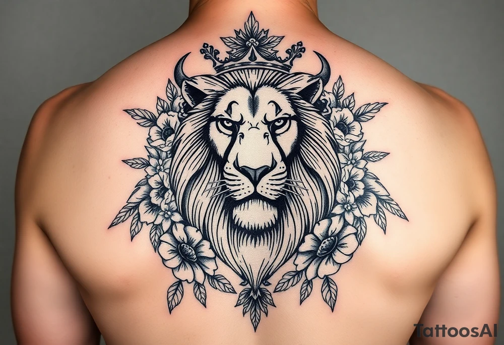 powerful majestic lion with a crown, surrounded by floral ornaments and birds tattoo idea