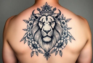 powerful majestic lion with a crown, surrounded by floral ornaments and birds tattoo idea