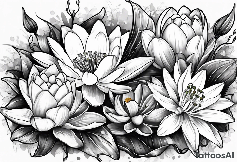 Water Lilly, Lilly of the valley and narcissus bouquet tattoo idea