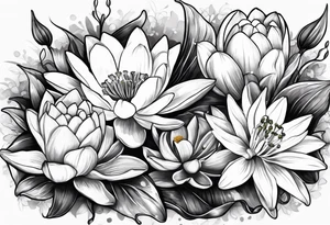 Water Lilly, Lilly of the valley and narcissus bouquet tattoo idea