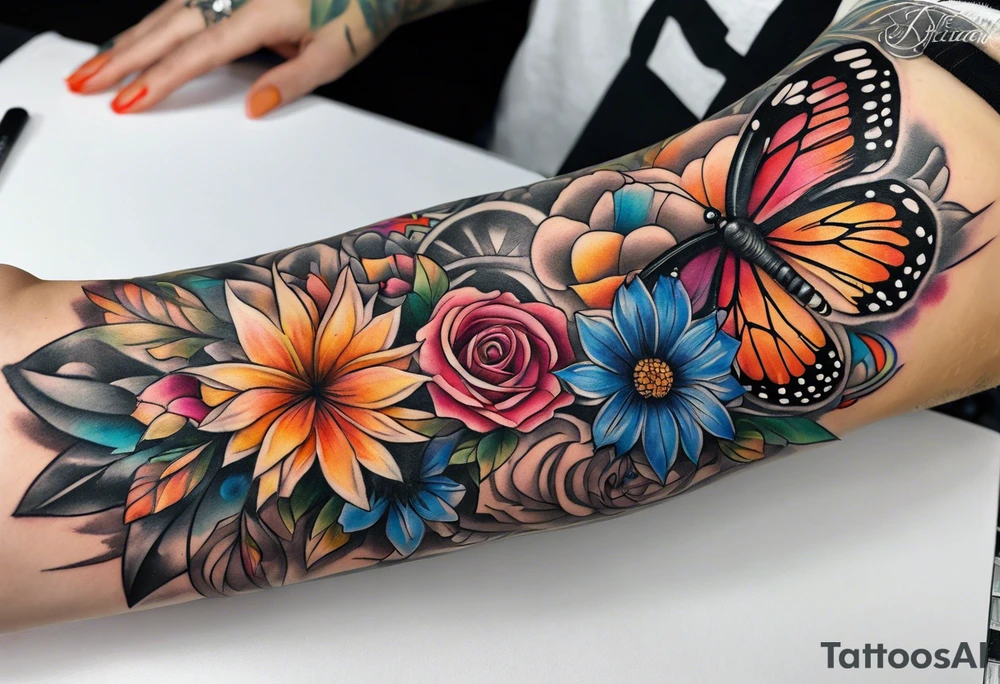 arm sleeve with dreamcatcher, rainbow flowers and one butterfly tattoo idea