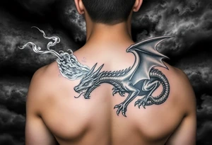 fierce dragon breathing iridescent fire against stormy skies tattoo idea