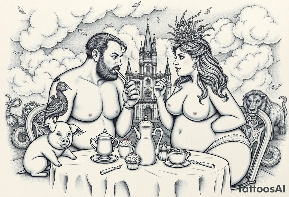 Naked Man and fat woman having sex eating cupcakes and  fruit  having sexy naked fat lady having a tea party with tea pots  swith fancy castle  
with mystical  a pigs, peacock,  lion, goat, noose and smoking cigerettes looking in the mirror thru storm clouds and broken hearts and darkness and wrath, envy , gluttony, greed, sloth, pride . Gothic tattoo idea