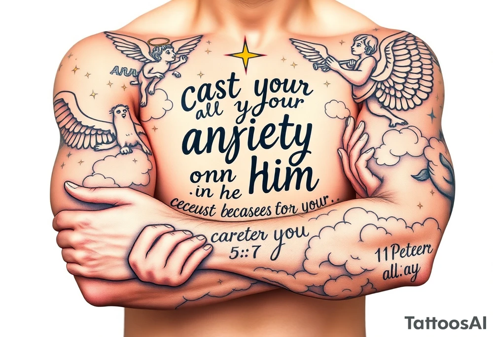 cast all your anxiety on him because he cares for you"  1 peter 5:7 surrounded with clouds and angels and praying hands tattoo idea