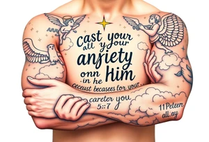 cast all your anxiety on him because he cares for you"  1 peter 5:7 surrounded with clouds and angels and praying hands tattoo idea