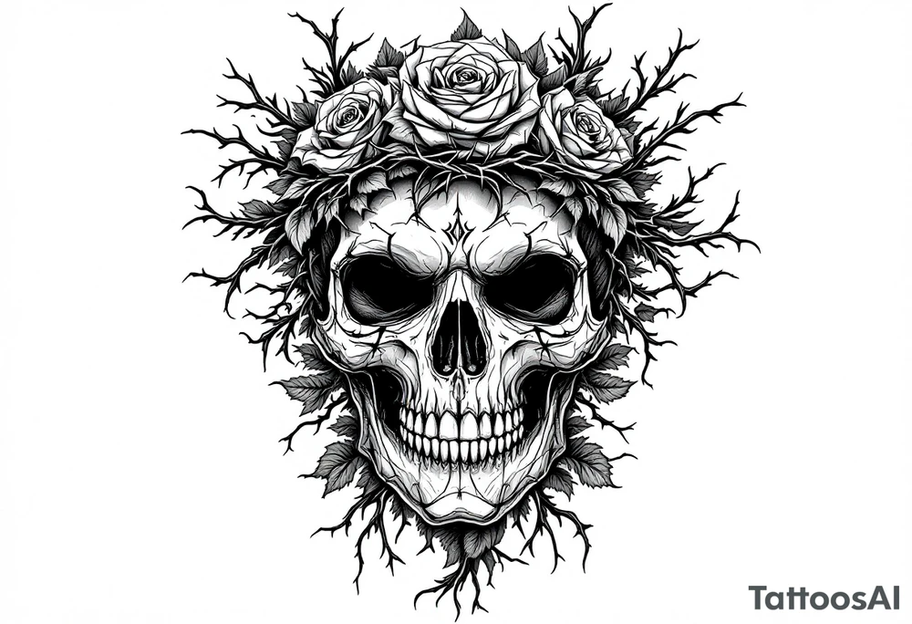 ornate skull adorned with crown of wild roses and thorns tattoo idea