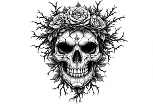 ornate skull adorned with crown of wild roses and thorns tattoo idea