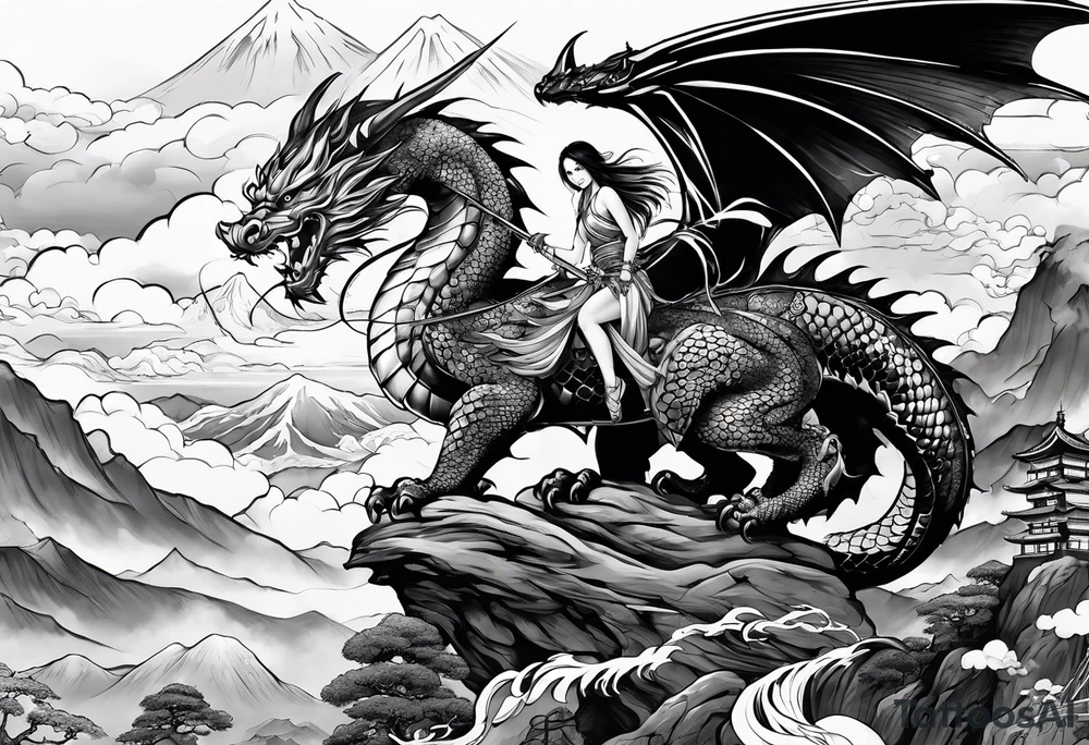 beautiful warrior fairy holding a sword and a dragon and the background will be mountains, clouds, and a Japanese building tattoo idea