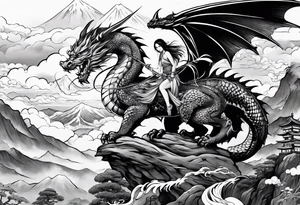 beautiful warrior fairy holding a sword and a dragon and the background will be mountains, clouds, and a Japanese building tattoo idea