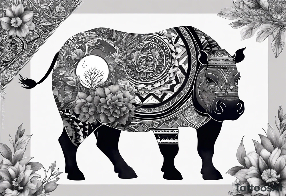 Very asymmetrical, +geometric pattern, with realistic full moon, with hippo,+tribal, +geometric, +inkart , +blackwork, +grey scale, + sketch
with wintersweet flower bud, +for men, detailed layering , modify from my favourites , dont look like a cow tattoo idea