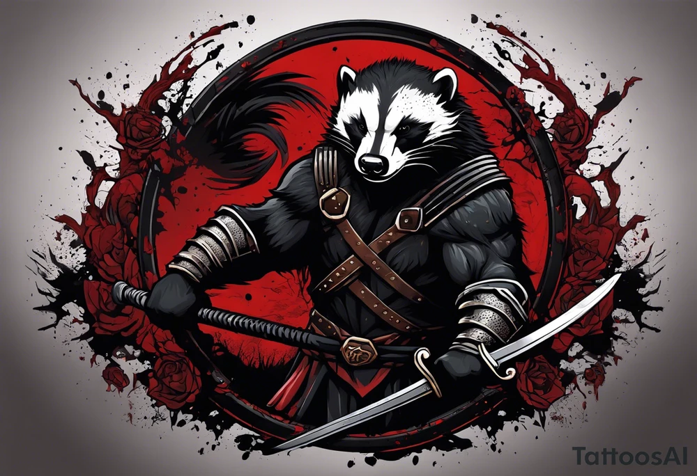Draw me psychopath Honey Badger/Berserker with aggressive full body, killer face with a scary smile, very long nails and he attacks like a Bloody Assassin/Warrior/Gladiator to us and also, he has very deadly looking. He fights with his nails. Everybody scares after their first sight. Give me horror type Badger Tattoo. I want to see his Realistic full body with no weapons. You can show destruction at the back. tattoo idea