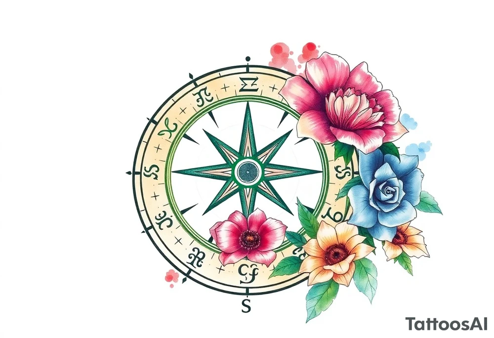 zodiac symbols the elements and Norse runes within ornate compass with roses lilly sunflowers tattoo idea