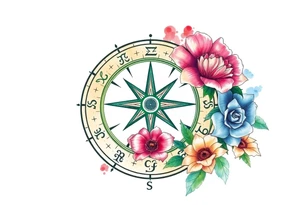 zodiac symbols the elements and Norse runes within ornate compass with roses lilly sunflowers tattoo idea