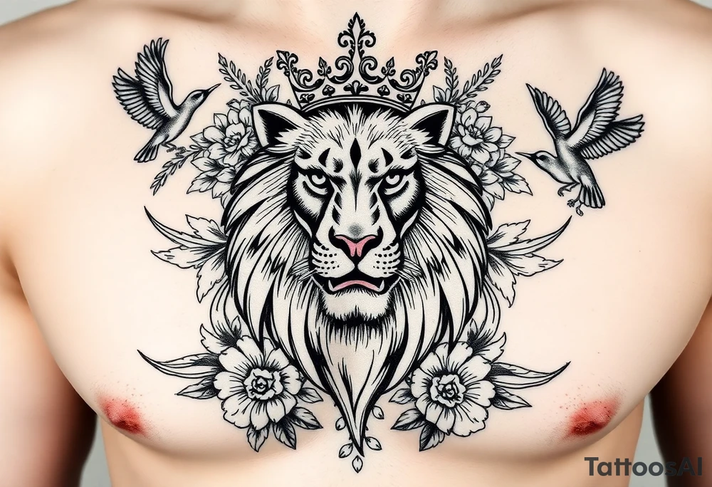 powerful majestic lion with a crown, surrounded by floral ornaments and birds tattoo idea
