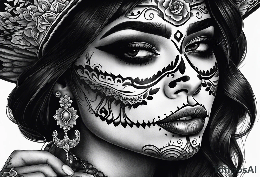 realistic mexican la catrina tattoo, finger on her lip, black hair, skeleton bone tattoo on her hand tattoo idea