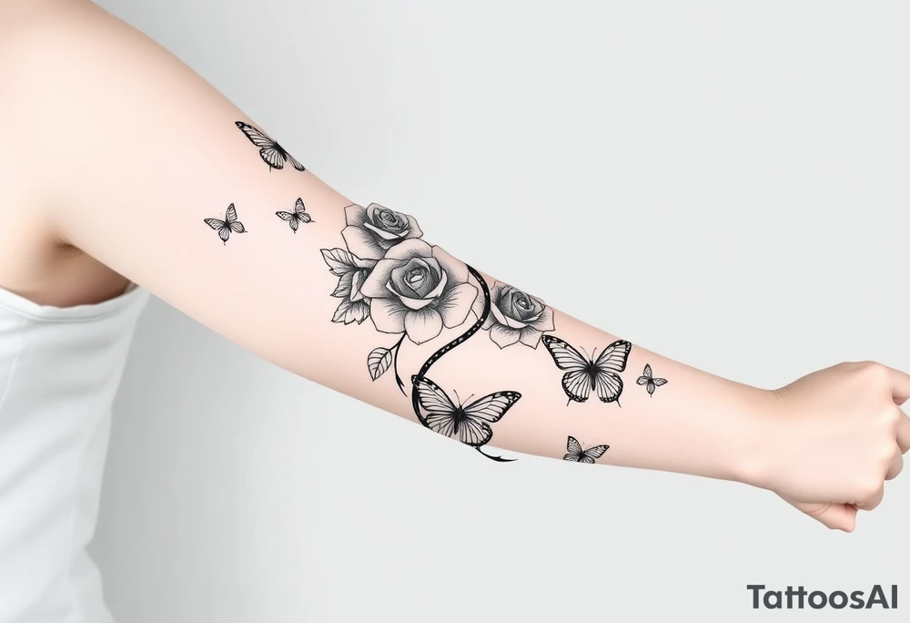 Joker tattoo with roses and a snake through the roses and money butterfly’s with filler ink full arm tattoo idea