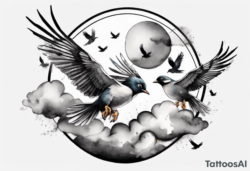 shoulder tattoo with light rays with birds flying free among the clouds, round shape, 3d effect tattoo idea